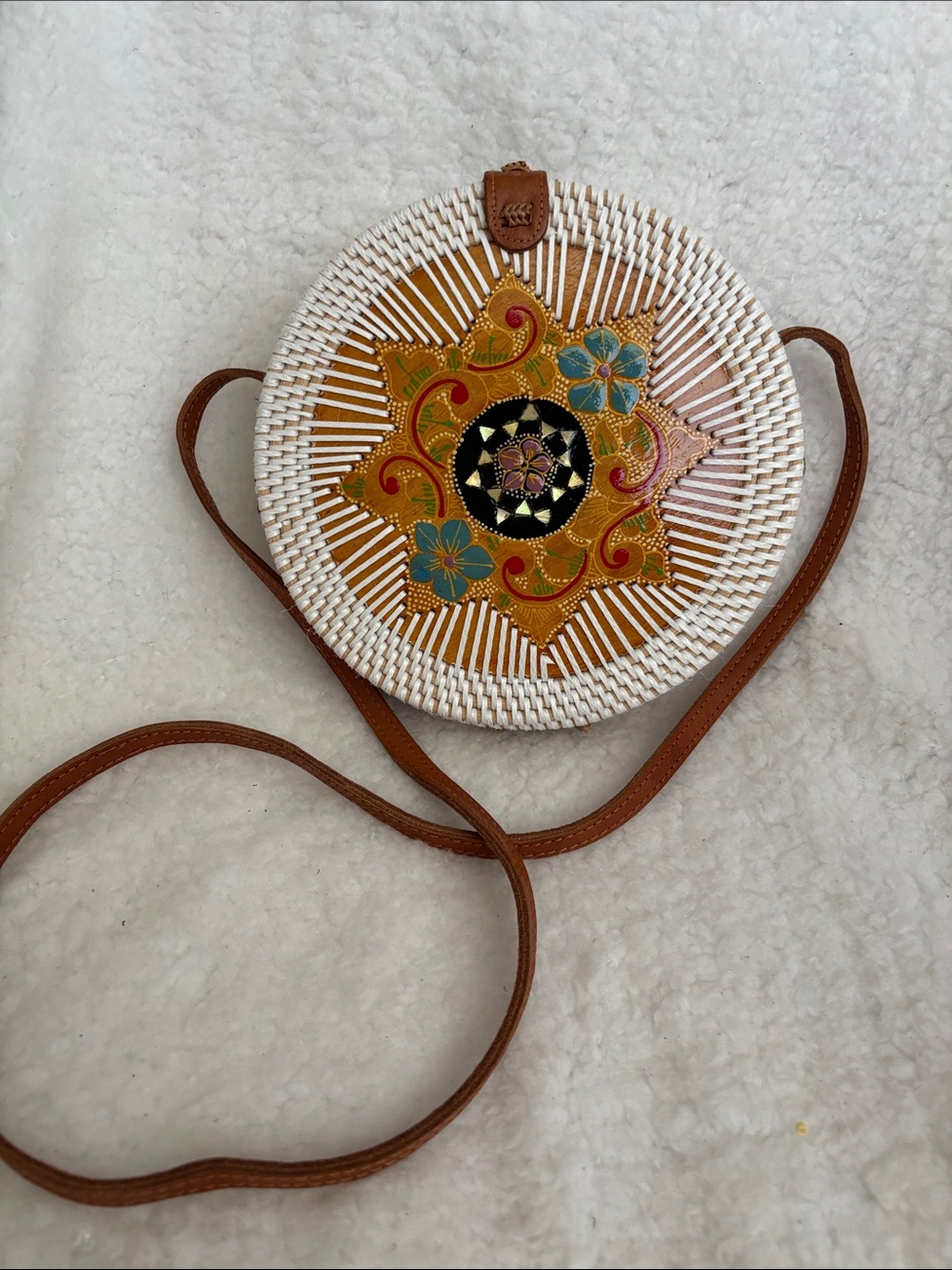 Woven Round Crossbody Bag in White with Tan Strap - Picture 3 of 8